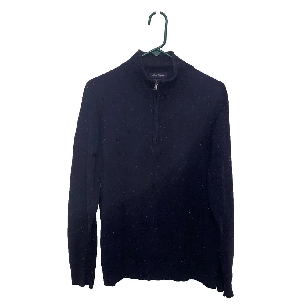 Alan Flusser‎ Mens Navy Blue Cotton Cashmere Donegal Fleck Quarter Zip Sweater M
